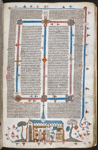 Royal MS 10 E IV f.211r, en bas-de-page scen av kommunikanter vid en mässa, ca 1300-40 (penna & bläck och tempera på pergament) av French School