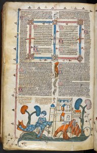 Royal MS 10 E IV f.313v, en bas-de-page-scen där en riddare avhästar en annan inför ett slott, c.1300-40 (penna & bläck och tempera på pergament) av French School