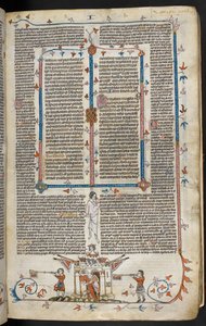 Royal MS 10 E IV f.66r, bas-de-page scen av en riddare som kommer ut från ett slott, ca 1300-40 (penna & bläck och tempera på pergament) av French School