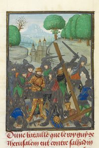 Royal MS 15 E I, f. 433v, Guy of Lusignans nederlag av Saladin och förlusten av korset, från 
