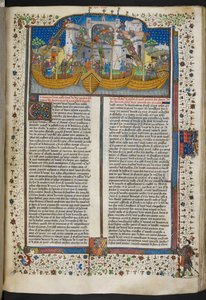 Royal MS 15 E VI, f.207 Miniatyr av fartyg som belägrar Corunna, från "Poems and Romances" eller "Talbot Shrewsbury Book" av French School