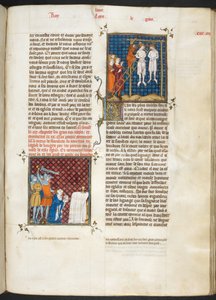 Royal MS 16 G. VI, f.306r, Mordet på Karl, greve av Flandern hängd (Louis VI, bok 20), från Les Grandes Chroniques de France av French School