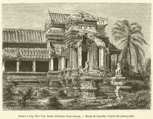 Ruiner vid Angkor-Vat, inre fasad av ett hus (gravyr) av French School