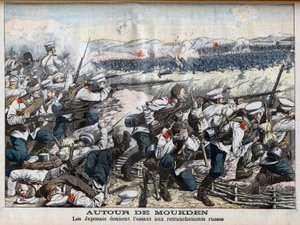 Rysk-japanskt krig - Japansk attack mot ryska skyttegravar vid Mukden, rysk-japanska kriget. Runt Moukden. Japanerna stormar de ryska skansarna. Illustration för Le petit Journal, 2 oktober 1904. av French School