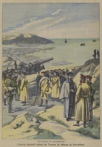 Den ryske amiralen Yevgeni Alekseyev besöker försvar under uppbyggnad i Port Arthur, Manchuriet, på tröskeln till det rysk-japanska kriget (färg litho) av French School