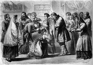 Rysk sed - Bröllop - 1860: ceremoni före bröllopet. Gudfar och gudmor välsignar framtida äktenskap. Gudfadern presenterar för dem bilden av Kristus eller Jungfrun, symbol för religiös invigning. Gudmodern håller bröd och salt ovanför huvudet på av French School