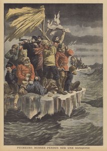 Ryska fiskare driver på ett isflak (färg litho) av French School