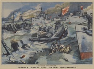 Rysk-japanska kriget: sjöslag utanför Port Arthur (färg litho) av French School