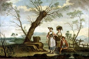 Rustikt landskap med tvättkvinnor och en bonde av French School