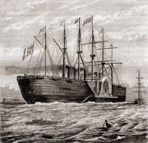 SS Great Eastern, järnseglande ångfartyg designat av Isambard Kingdom Brunel, från Les Merveilles de la Science, publicerat ca 1870 (gravyr) av French School