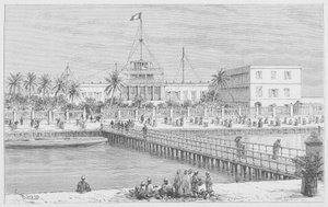 Saint-Louis, utsikt över N"Dar, Pont de Guet, illustration från "Le Senegal..." av Louis Leon Faidherbe, 1889 av French School