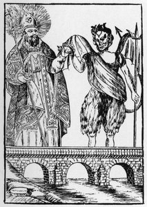 Saint Cado (eller Cadoc eller Catuod eller Catoc eller Cazut eller Cadochus) legendariska helgonet Christian ger en katt till djävulen i utbyte mot att bygga en bro - populära bilder Perret av French School