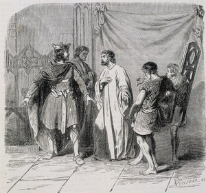 Saint Eloi och Dagobert: Dagobert blev förvånad när Eloi presenterade honom den andra fåtöljen - grav. 1800-talet av French School