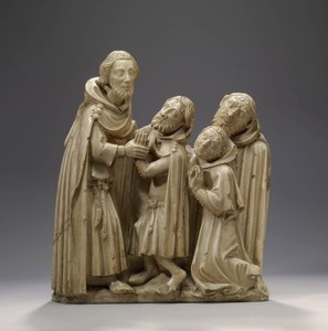 Saint Elzear of Sabran helar tre spetälska, ca 1373 (alabaster) av French School