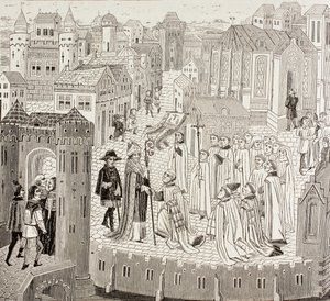 Saint Gaugericus, biskop av Cambrai, anländer till staden för sin utnämning, från "Military and Religious Life in the Middle Ages" av Paul Lacroix, publicerad i London ca 1880 av French School