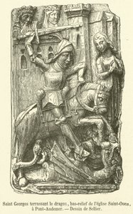 Saint George som dödar draken, basrelief av Saint-Ouen-kyrkan, i Pont-Audemer (gravyr) av French School