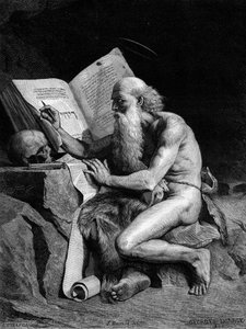 Saint Hieronymus i öknen. Gravyr efter målningen av Georges Sauvage (Auguste Albert Georges Sauvage dit) (1800-talet). Gravyr i "" Le Monde Illustré"" nr 1196 den 28 februari av French School