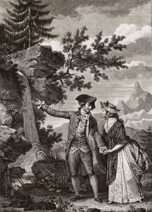 Saint Preux och Julie gravyr från 1793 för "Julie ou la nouvelle Heloise" av den schweiziska filosofen Jean Jacques (Jean-Jacques) Rousseau (1712-1778) - Julie och Saint-Preux, illustration från "La Nouvelle Heloise" av Jean-Jacques Rousseau (1712-78) (gra av French School