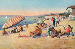 Saint Tropez: Bouillabaisse-stranden (färglitografi) av French School