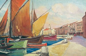 Saint Tropez: Segelbåt i hamn (färglitografi) av French School