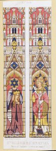 Saint Valerie, jungfru och martyr i Limoges (3:e århundradet) och Saint Martial, eveque av Limoges (3:e århundradet), beskyddare av Aquitaine. Fac-liknelse som återger de målade fönstren i Cathedrale de Limoges. av French School