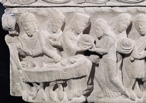 Salome presenterar Johannes Döparens huvud vid Herodes högtid, detalj från en relief på en kapitäl (sten) (detalj av 86203) av French School
