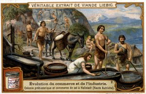 Salthandel i Oberösterreich under förhistorisk tid i Hallstadt - chromo. Liébig av French School