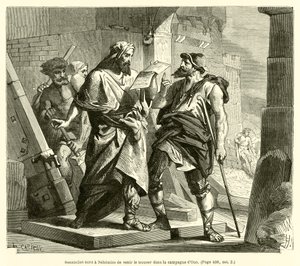 Sanaballat skriver till Nehemias för att komma och hitta honom på landsbygden i Ono (gravyr) av French School