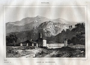 Santa Maria di Vallombrosa Benediktinerklostret beläget i kommunen Reggello, i Toscana - Vallombrosaklostret - Gravyr från "" Italien Pittoresk"" - Historisk och beskrivande målning av Italien"" av M. de Norvins, Ch. Nodier 1834-1836. av French School