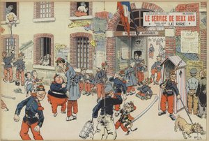 Satir över införandet av värnplikten i den franska armén. Illustration för Le Rire (färg litho) av French School