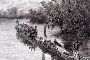 Savorgnan av Brazza i en kanot i pandanus i Västafrika - i "" Tour du Monde"", 2:a veckan 1887 av French School
