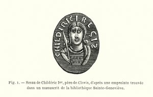 Sigill av Childeric I, far till Clovis, från ett avtryck som hittats i ett manuskript i Sainte-Genevieve-biblioteket (gravyr) av French School