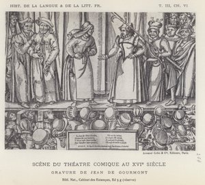 Scen från den komiska teatern under 1500-talet (litho) av French School