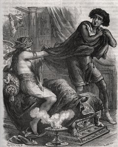 Scen ur Bibeln: "" Hon grep den alltför dygdiga unge mannen i hans tunika""". Hustrun till Putifar (Potifar) försöker förföra Josef, en slav till farao. Gravyr från 1871 i "Histoire Des Cocus Celebres"" av Henry de Kock (1819-1892). av French School