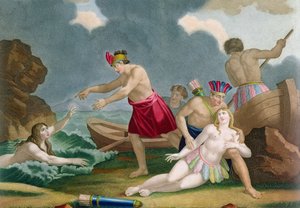 Scen från historien om den aztekiska prinsessan Amazilly och hennes bror Telasco av French School