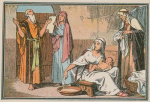 Scen ur Jesu liv (färgad gravyr) av French School