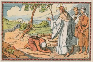 Scen ur Jesu liv (färgad gravyr) av French School