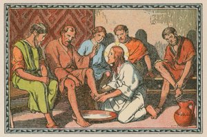 Scen ur Jesu liv (färgad gravyr) av French School