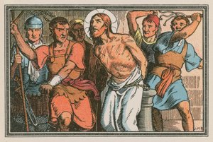 Scen ur Jesu liv (färgad gravyr) av French School
