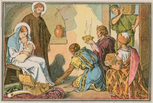 Scen ur Jesu liv (färgad gravyr) av French School
