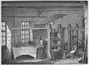 Vetenskap. Papperstillverkning. Handgjort papper. Gravyr i: Stora män och stora industriprestationer, Frankrike, ca 1880 (gravyr) av French School