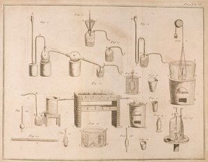 Vetenskaplig utrustning, från The Elements of Chemistry av Antoine Laurent de Lavoisier (1743-94) graverad av D.Lizars, 1796 av French School