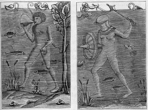 Sjösoldat: dykaren och vapenmannen. Gravyrer från träfigurer från 1500-talet. I "La Marine et les colonies: handel" av French School