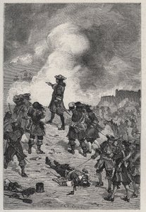 Sebastian the Prestre herre av Vauban (1633-1717), marechal av Frankrike försvarar Brest mot en attack av den engelska flottan 1695 - gravyr i "Les Hommes Celebres de la France" av Louis Dumas 1889 av French School