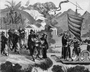 Andra opiumkriget mellan Frankrike och England och Kina (1858-1860): Kinesisk karikatyr av konflikten. En båt är redo att närma sig kusten under en grupp kinesers hånfulla blick. Ombord på båten, två karaktärer som representerar Frankrike (vänster) och Eng av French School
