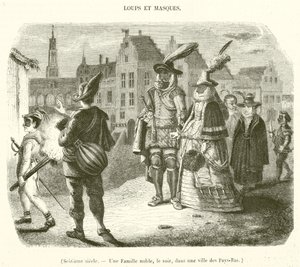 1500-talet, En adelsfamilj, på kvällen, i en stad i Nederländerna (gravyr) av French School