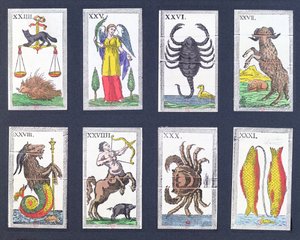 Urval av astrologiska tarotkort av French School
