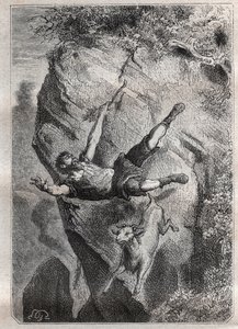 Selkirk rullade upp och ner med sitt byte; ett äventyr av Alexandre Selkirk (Alexander Selcraig) (1676-1721), en skotsk sjöman övergiven på ön Juan-Fernandez i Stilla havet i fyra år, vars äventyr inspirerade Daniel Defoes roman Rob av French School