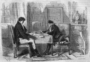 Serieroman: ""Rik och fattig"" av Emile Souvestre (1806-1854). Två män pratade: "Skrupler torterade aldrig någon." Gravyr i "" Les bons romances"" av French School