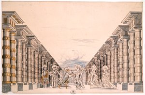 Scenografi för en oidentifierad pjäs, hämtad från en samling med titeln Menus Plaisirs du Roi (penna & bläck och akvarell på papper) av French School